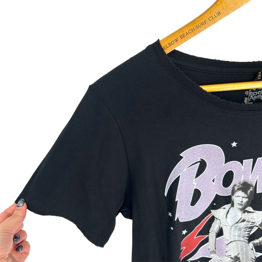 NWT Recycled Karma David Bowie Chewed Neck and Sleeve Cuff Graphic Band Tee READ - Picture 2 of 8